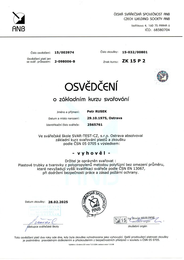 Osvědčení svářeč plastů